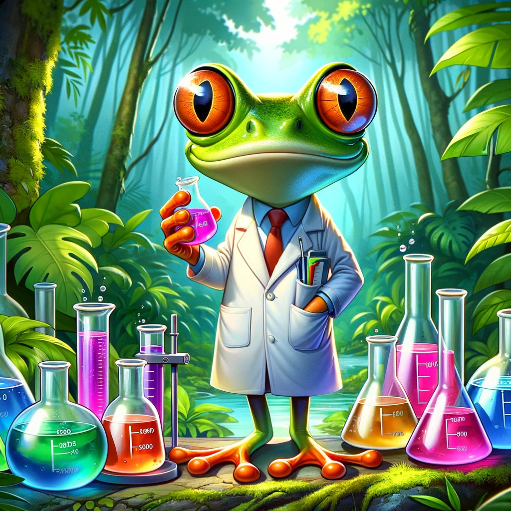 An AI generated image of a frog with large eyes in a rainforest holding beakers